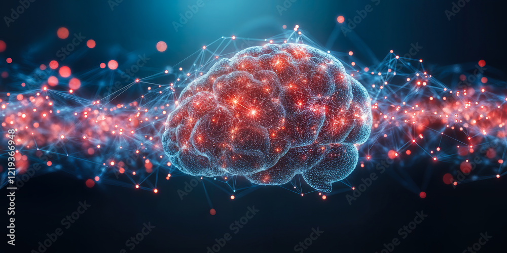 Poster futuristic brain model illuminated with neural networks symbolizing cognitive performance enhancemen