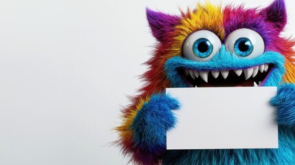 Naklejka premium A vibrant, furry monster with bright colors smiles widely while holding a blank sign. This character radiates joy and encourages imagination, perfect for children's activities