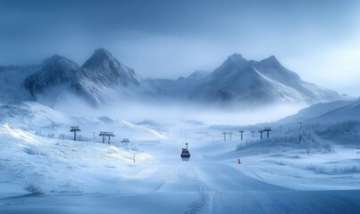 Snowy mountain ski slope, chairlift, misty peaks.