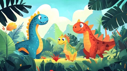 A Happy Dinosaur Family in a Lush Tropical Paradise