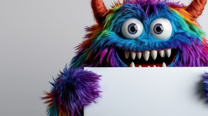 Naklejka premium A vibrant monster with a rainbow-colored fur coat and big expressive eyes cheerfully holds a blank sign in a well-lit indoor setting, ready for creative messages