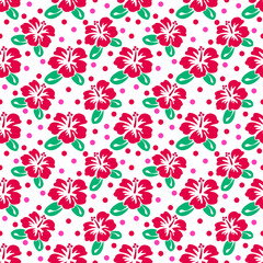Red Hibiscus with polka dot on white background.. seamless pattern.