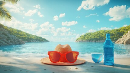 Beach hat, sunglasses, water bottle, and glass on sandy shore.