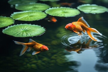 Two goldfish swimming, lily pads, tranquil pond.