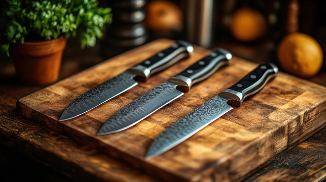 Three Damascus steel chef knives arranged on a wooden cutting board in a kitchen setting.