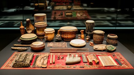 Collection of antique drums and percussion instruments displayed on a rug.