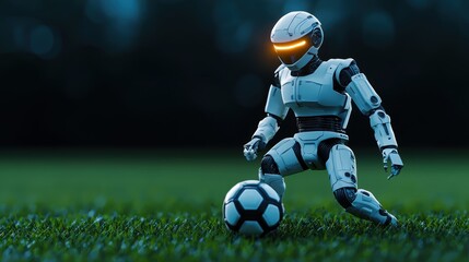 Futuristic Robot Playing Soccer at Night on a Grass Field