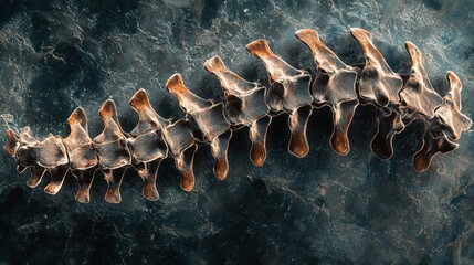 Obraz premium A close-up examination of a human spine illustrates the arrangement of vertebrae. The intricate details highlight the bone structure and textures amidst a dark backdrop