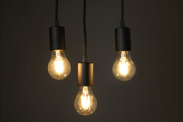 Light bulbs hanging on cords against grey background