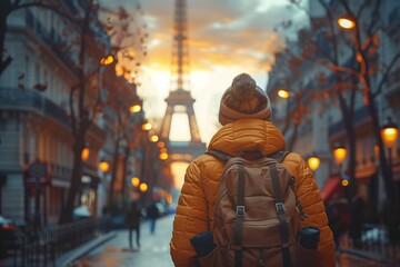 Traveler in yellow jacket gazes at the Eiffel Tower during a stunning sunset.