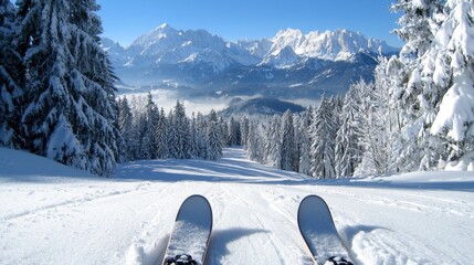 Bright sunlight illuminates a pristine mountain landscape covered in snow. Two skis point downhill, inviting adventurous skiers to explore the scenic terrain surrounded by towering trees