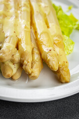asparagus white bean fresh tasty food dish delicious gourmet food background on the table rustic food top view copy space keto and paleo diet Vegetarian and vegan food