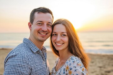 Fototapeta premium A man and a woman standing together on a sunny beach, perfect for a romantic getaway or summer vacation