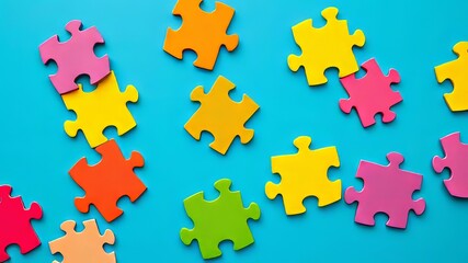 Naklejka premium Colorful Puzzle Pieces on Vibrant Blue Background - AI Photo