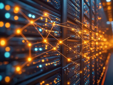 Complex tech network shows interconnected database servers. Data storage, management system for high-tech environment. Network integration, high performance data access. Advanced database solution,