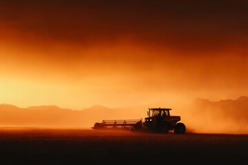 Fototapeta premium Harvesting wheat at sunset in a rural landscape with a tractor in the distance