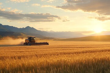 Naklejka premium Harvesting wheat at sunset in an expansive countryside field near the mountains