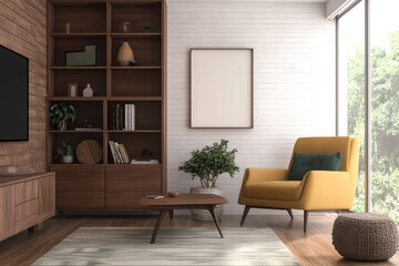 Fototapeta premium Cozy interior design featuring a yellow chair and modern bookshelf in a bright living room