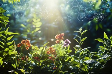 Naklejka premium Sunlit garden with vibrant flowers and abstract molecular structures.