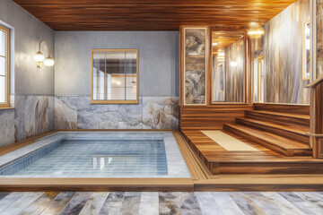 Fototapeta premium Relaxing wellness area with a modern pool and natural wood accents in a serene setting