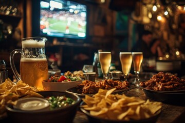 Sports viewing party with food and drinks