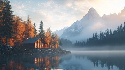 Fototapeta premium Scenic Autumn Cabin by Misty Mountain Lake