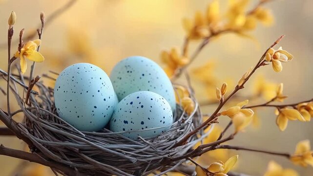 Blue robin eggs resting in a nest amongst blooming yellow branches on a tranquil spring morning