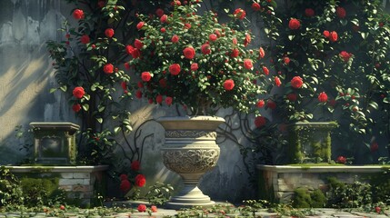 Vibrant red roses bloom in a decorative urn against a lush garden backdrop.