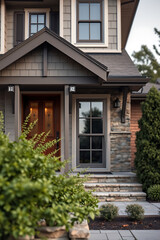Modern House Exterior Design: Grey Facade, Stone Steps, and Lush Greenery