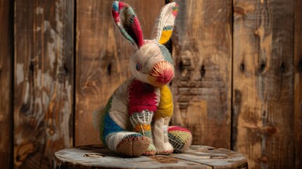 A plush handmade rabbit with colorful patchwork details, sitting on a rustic wooden stool under warm light.