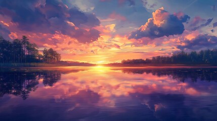 Fototapeta premium Stunning Sunset over Serene Lake and Lush Forest