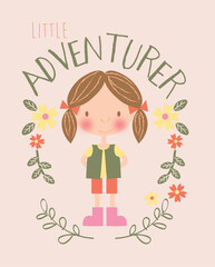 Cute little girl wearing outdoor clothes surrounded by hand-drawn flowers and the word adventurer
