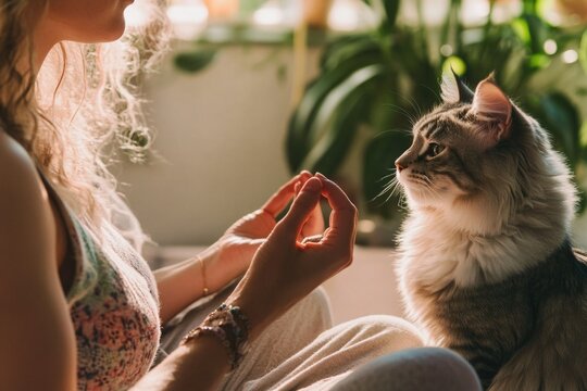 A woman sits next to her feline companion on a couch, in a casual setting