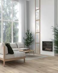 Cozy living room featuring modern decor with a fireplace and greenery