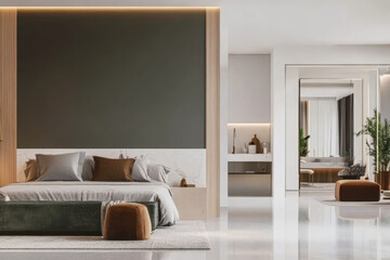 Modern bedroom with minimalist design featuring neutral colors and elegant decor