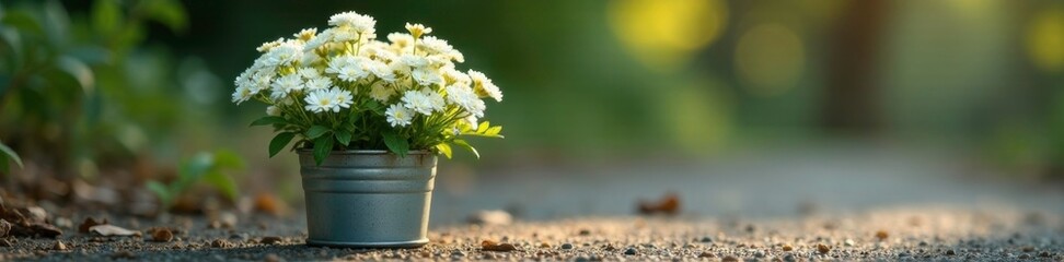 Fototapeta premium Blooming white heather in a small metal planter on the ground, flowers, ground, metal