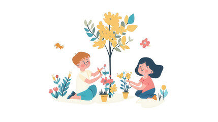 Obraz premium Children's Day vector design and PNG of kids planting flowers, perfect for use in school gardening activities, outdoor events, or environmental projects, isolated on white