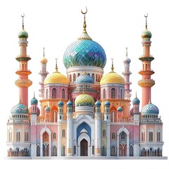 Colorful Mosque, architectural rendering, isolated white background,  Islamic design, travel brochure
