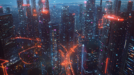 Fototapeta premium Smart digital Innovation city with connection network reciprocity over the twilight cityscape. of future smart wireless digital city and social media networking systems that connects people with city