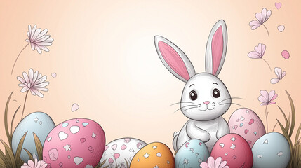 Obraz premium Coloring page for kids, a bunny dressed in Easter with eggs and flowers around it, Easter theme, cartoon style, thick lines, very low detail, no shading.
