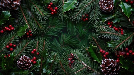 A festive Christmas decoration featuring pine cones, holly leaves, and evergreen branches