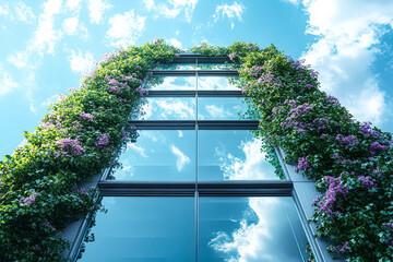 Building with a green ivy plant growing out of it. The ivy is covering the side of the building and the windows. The sky is blue and there are some clouds