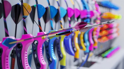A vibrant set of archery equipment, including a multicolored bow and matching arrows, displayed on a clean white table.