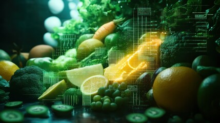 Fresh produce with digital health data overlay.