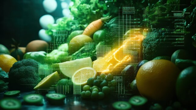 Fresh produce with digital health data overlay.