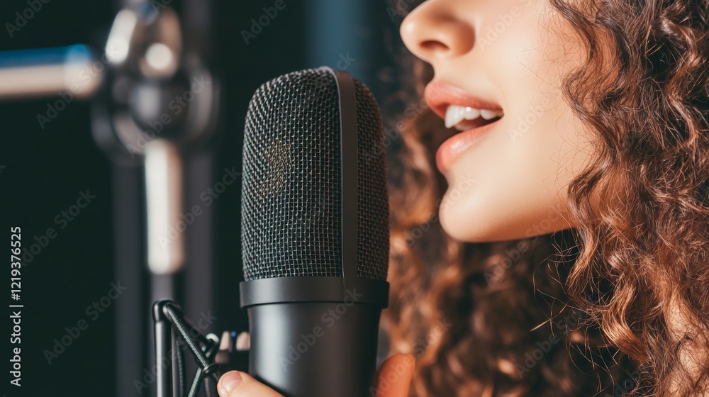 Poster Curly haired female singer performing a song using a professional microphone in a recording studio, showcasing the process of music creation