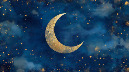 Naklejka premium A mesmerizing night sky illuminated with a radiant golden crescent moon and countless sparkling stars scattered across the vast expanse