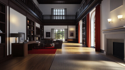 Elegant interior of a modern library with natural light and spacious layout