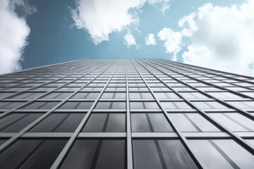 Tall modern building showcases sleek architecture under a bright blue sky