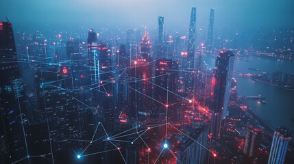 Fototapeta premium Smart digital Innovation city with connection network reciprocity over the twilight cityscape. of future smart wireless digital city and social media networking systems that connects people with city